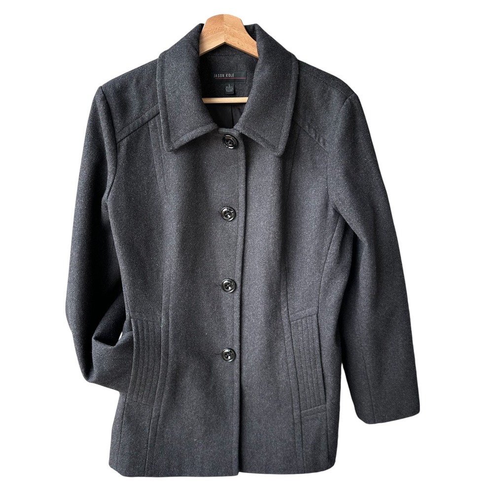 Jason Kole Peacoat Jacket Charcoal Gray Wool Blend Button Preppy Warm Size Large